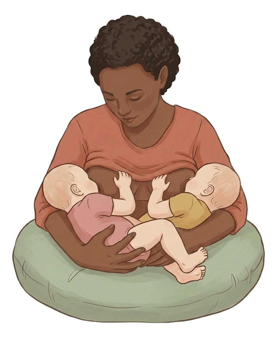 Mother cradling twin newborns in the double cradle hold