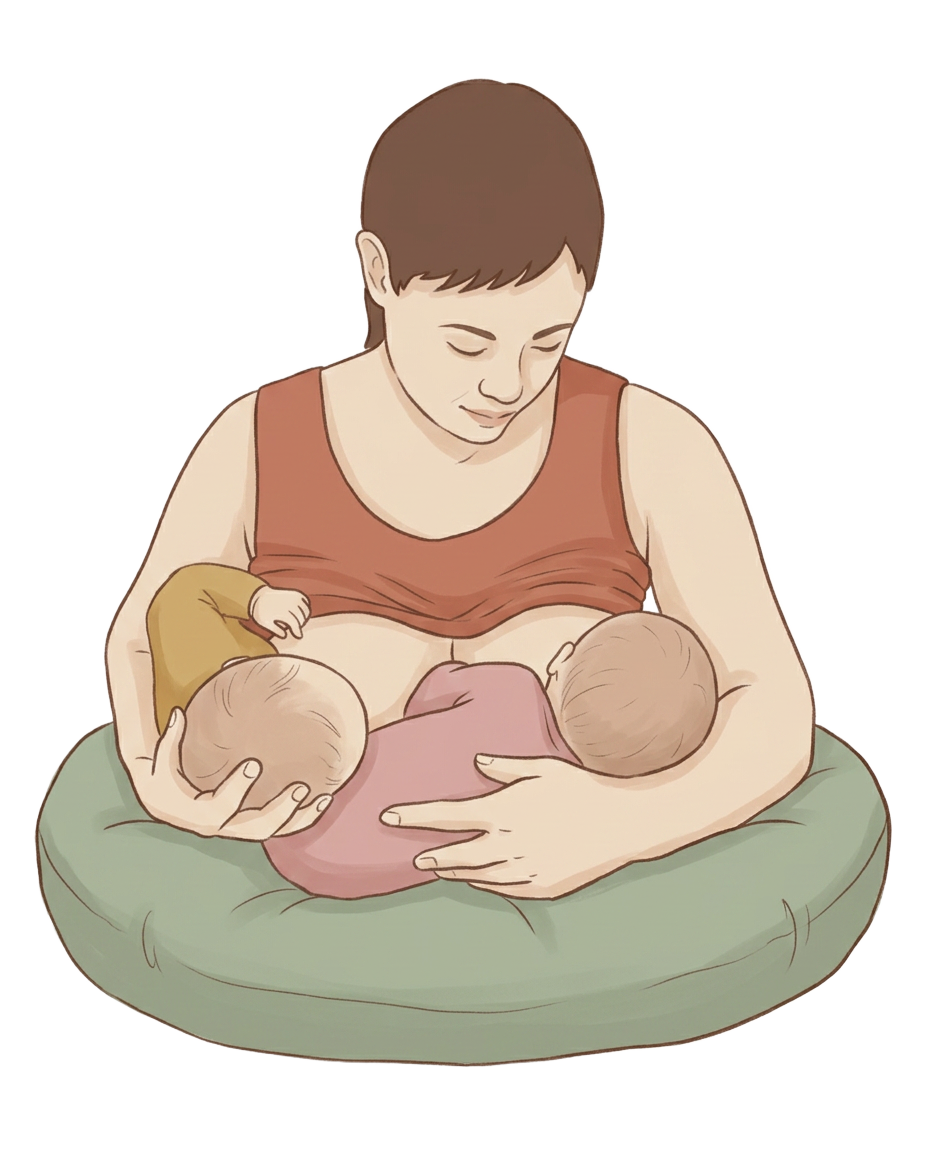 Mother feeding twins in cross-cradle and football hold combination